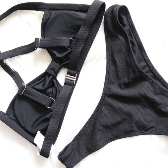 NEW Black Cutout Solid Bikini Bathing Suit Swim Set Size Large Beach Summer Pool - Picture 6 of 8